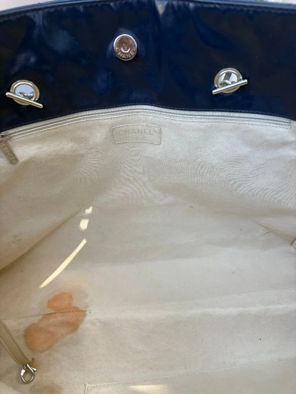 CHANEL Navy Blue Quilted Patent Leather Tote Bag Silver Chain Shoulder Bag - Picture 14 of 16